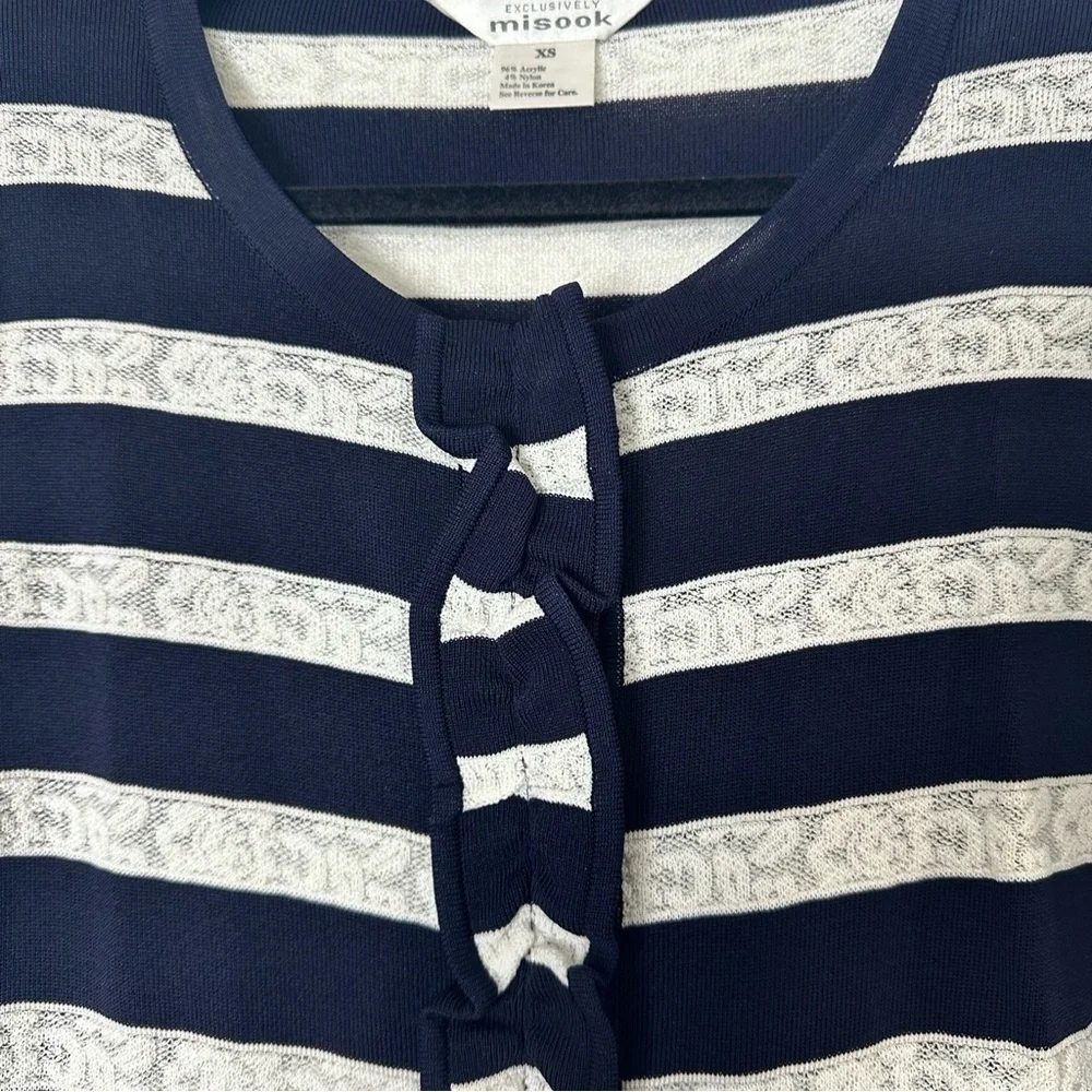 Exclusively Misook Striped Ruffled Cardigan Sweater Women XS Blue White Designer